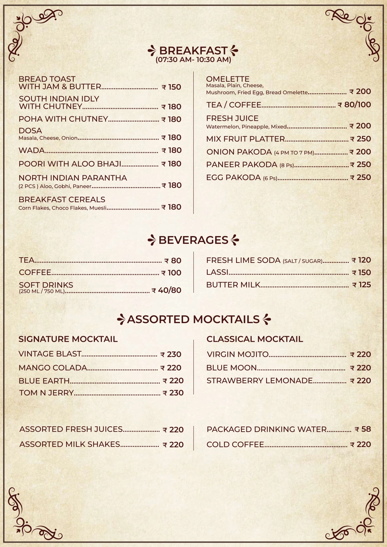 Vintage Darbar Menu