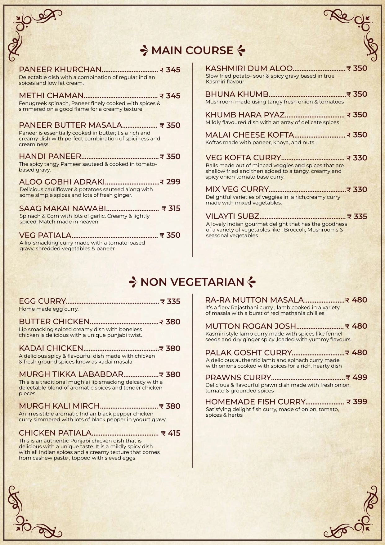 Vintage Darbar Menu