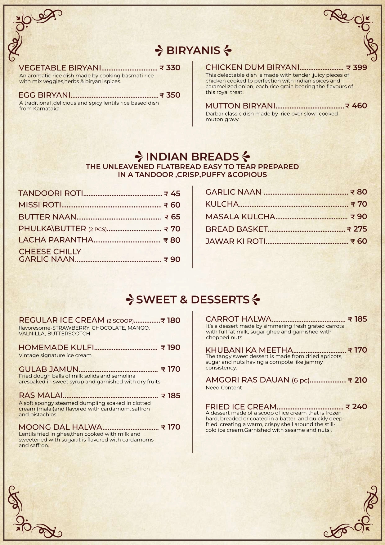 Vintage Darbar Menu