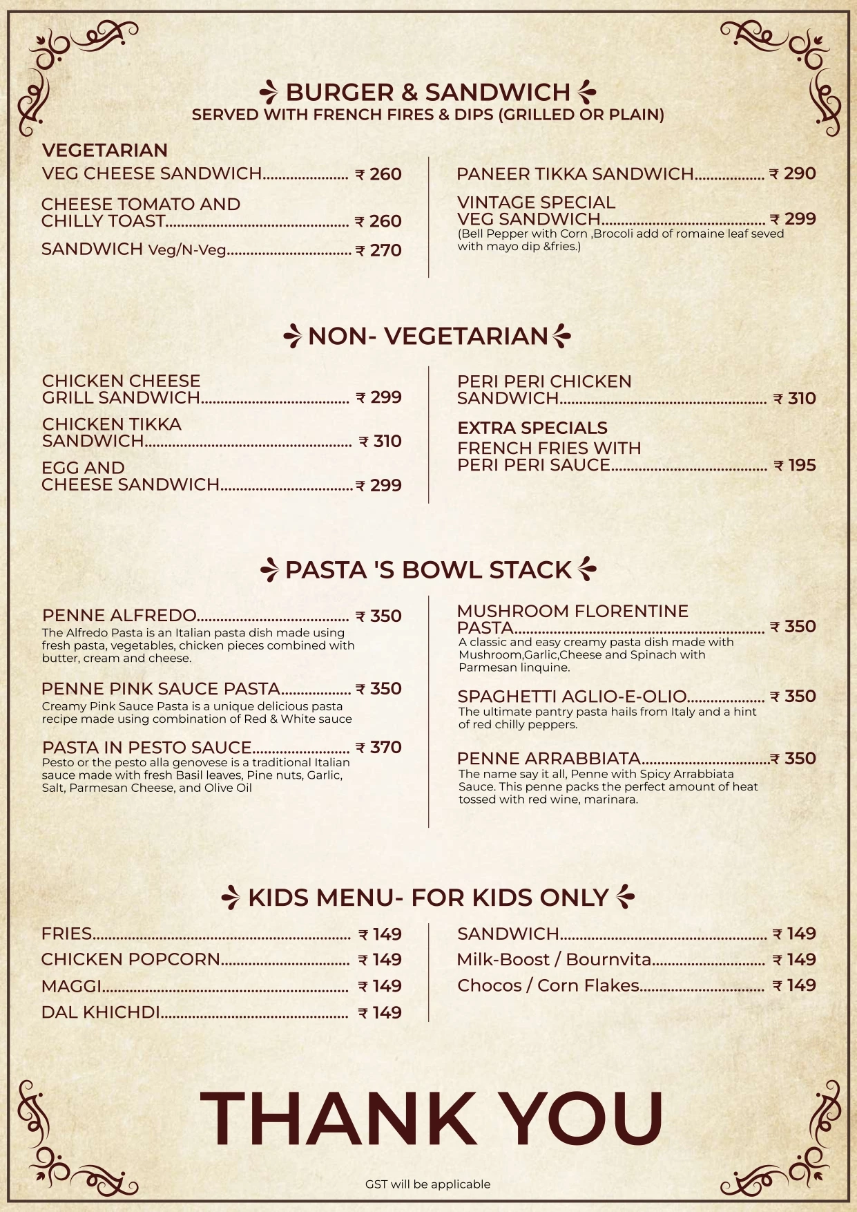 Vintage Darbar Menu